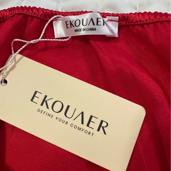 NWT Ekouaer Vibrant Red Satin Lace V-Neck Chemise Sleepwear Soft Lingerie - Picture 9 of 14